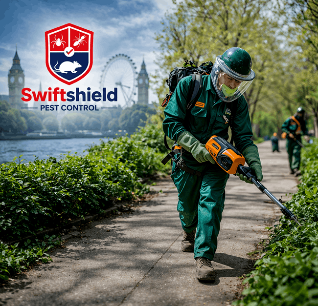 Swiftshield Pest Control technician spraying treatment in London park – professional pest control services